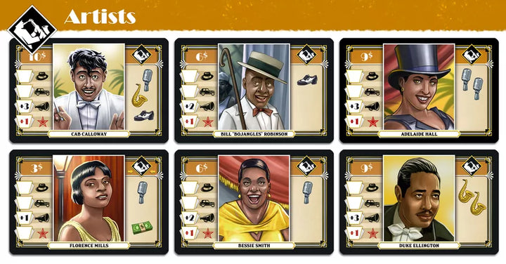 Example of six cards from the board game 1923 Cotton Club, titled "Artists", each featuring unique illustrations of black performers, and with symbols that describe the card's power in the game on either side.