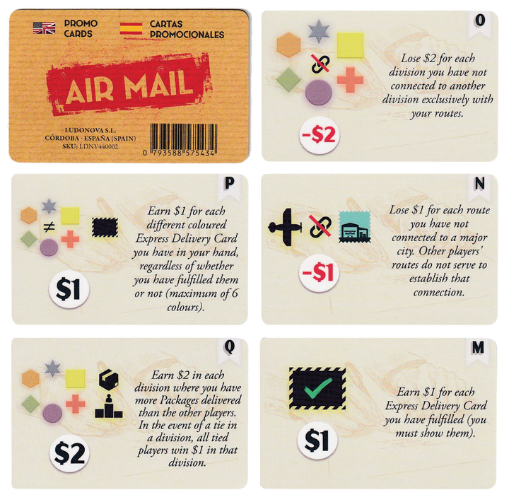 A set of six promo cards for use with the board game Airmail. One card displays the name of the game and the title of the promo. The other five cards display a collection of symbols on the left side and a description of the card's affect in the game on the right.