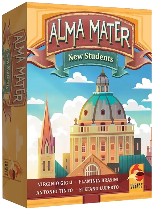 The front cover of the promo New Students for use with the board game Alma Mater, featuring a large building with a tower and dome against a cloudy sky.