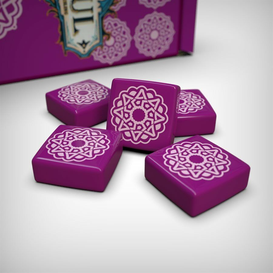 A photo of the third tile set for use with the board game Azul. These square tiles are magenta with a white pattern printed on one side. A pile of tiles is sitting on a white background with the box partially visible in the back.