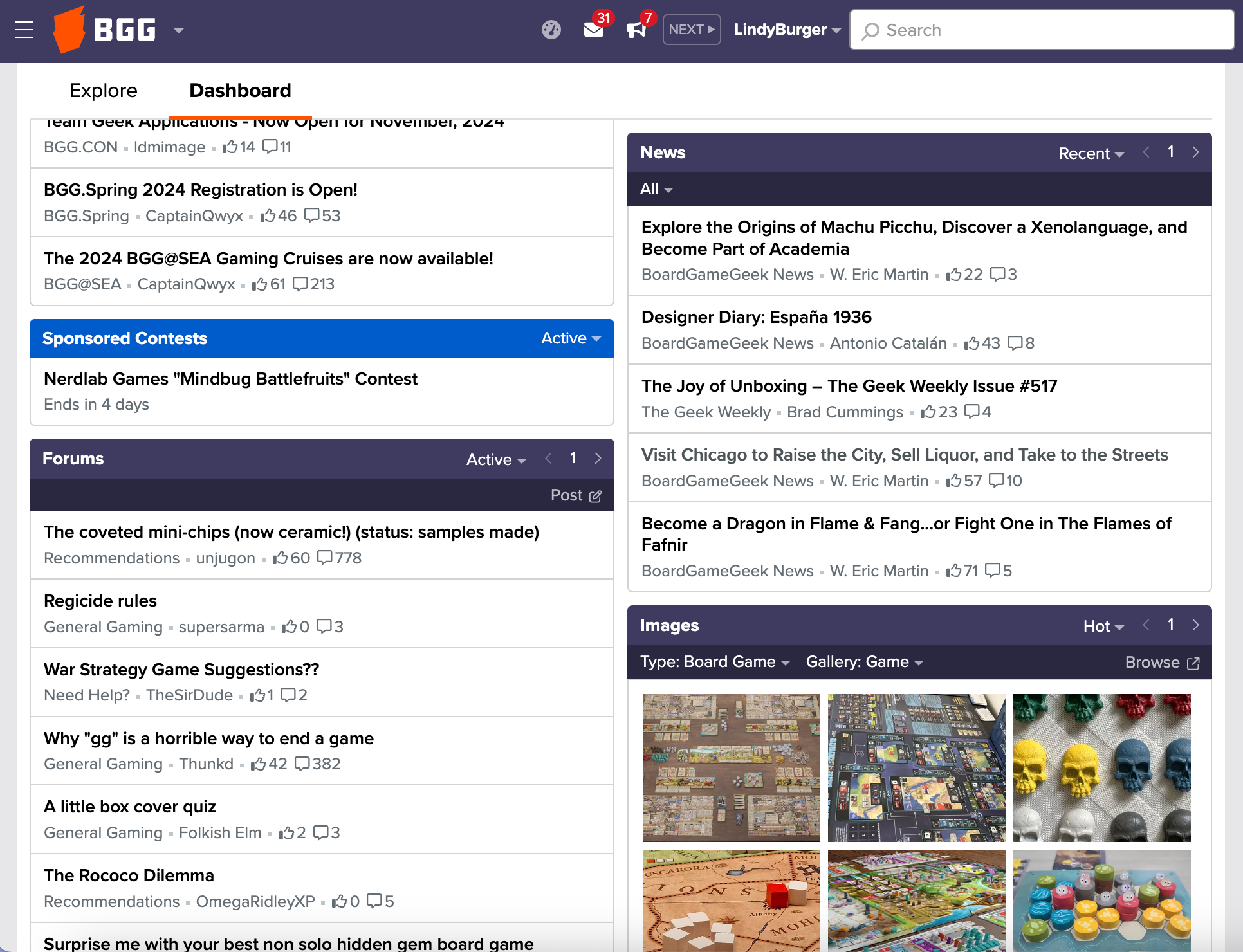 A screenshot of the dashboard of boardgamegeek.com, displaying groups of topics like "Forums", "Images", and "News".