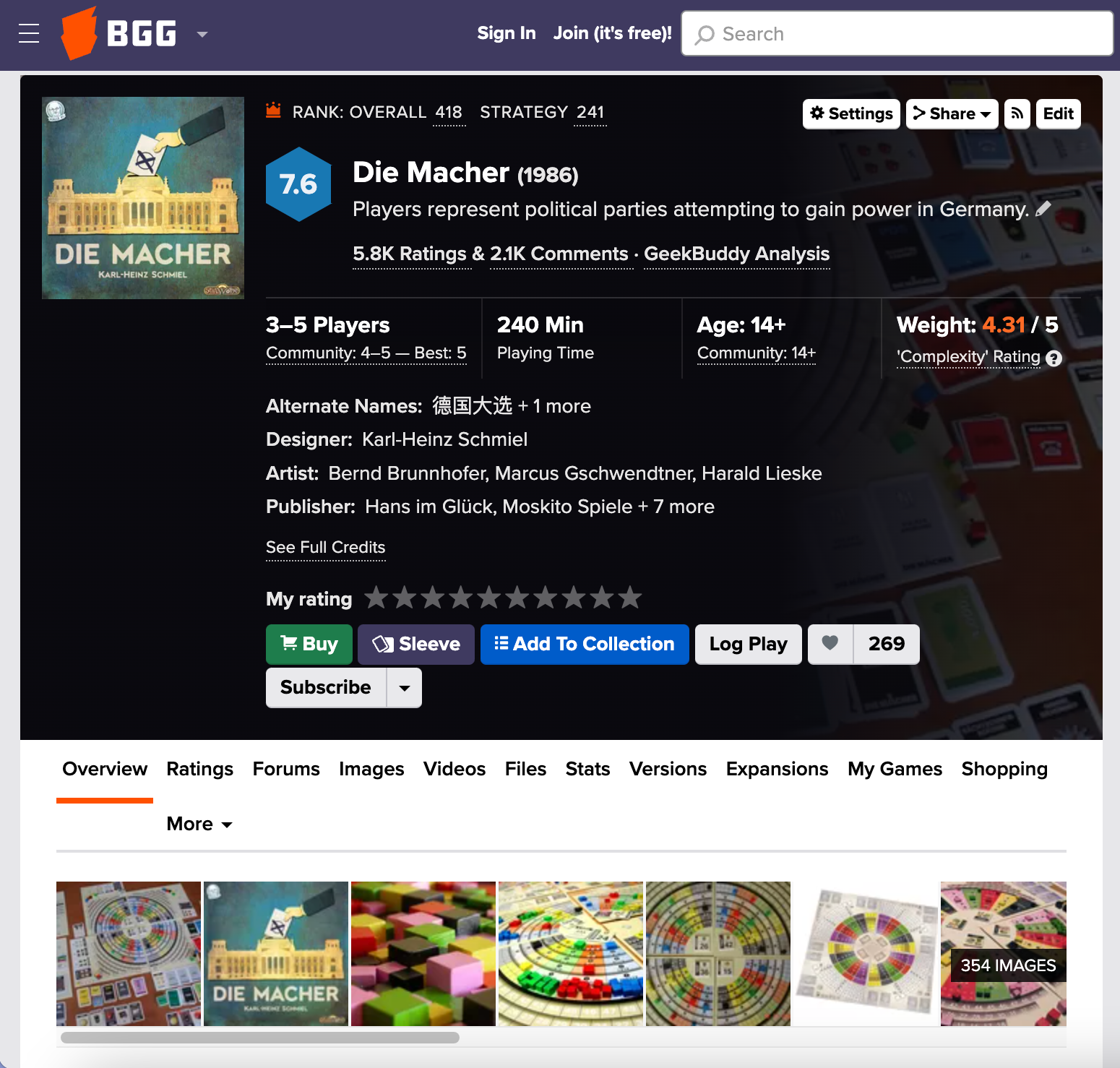 A screenshot of the game page for Die Macher on www.boardgamegeek.com, showing the game's cover, production information, and categories for more information, such as "Ratings", "Images", and "Videos".