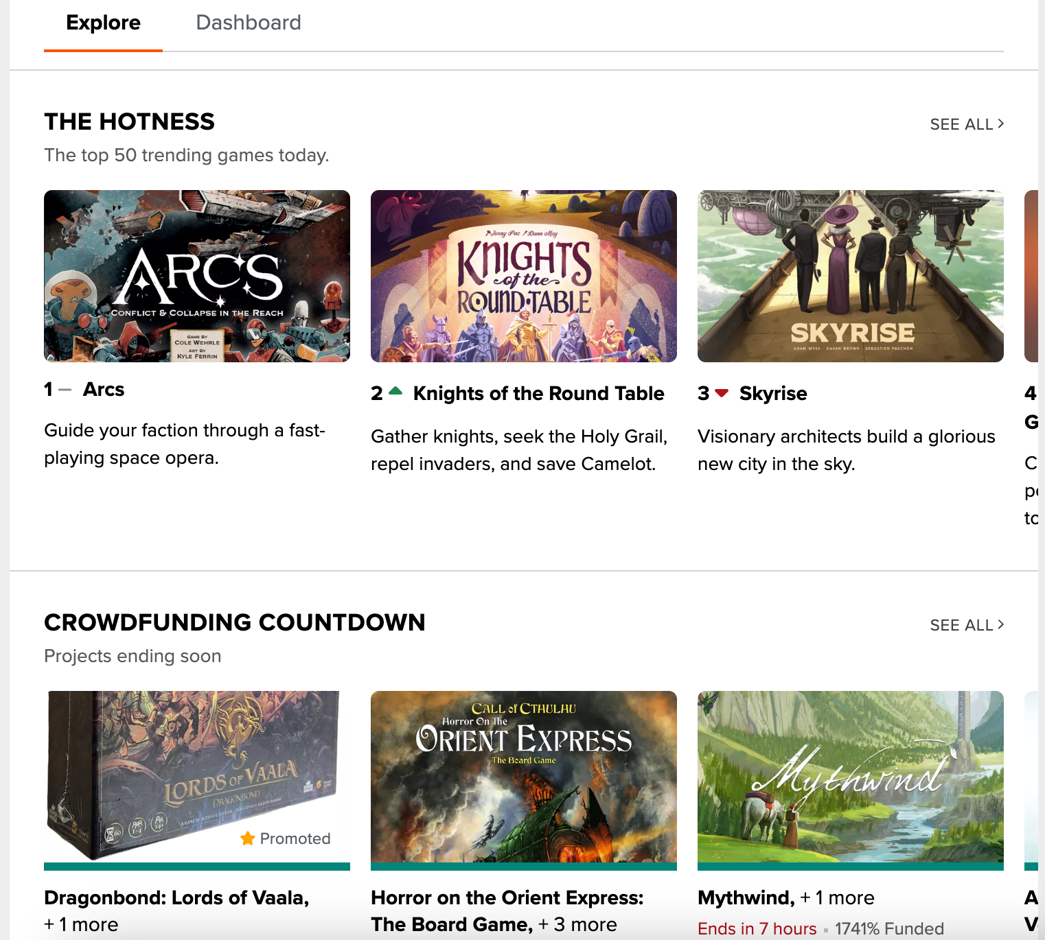 A screenshot of the front page of boardgamegeek.com, showing two information modules with pictures: "The Hotness" and "Crowdfunding Countdown".