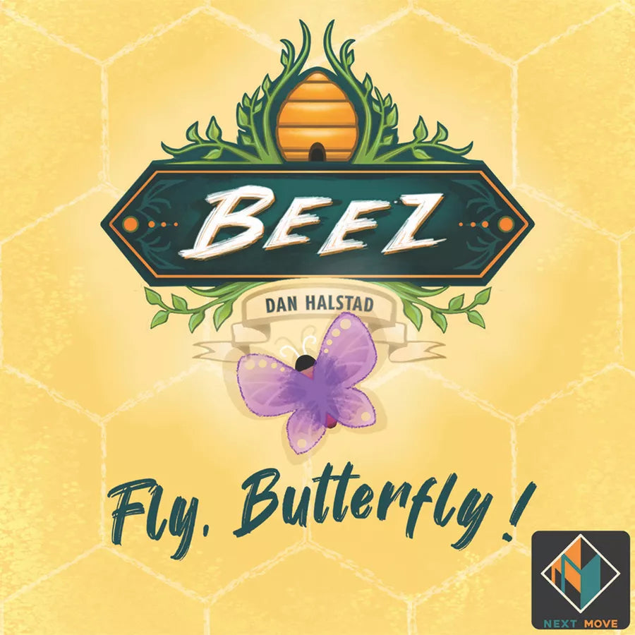 The cover of the mini-expansion Fly, Butterfly!, for use with the board game Beez. The cover of this box displays the name of the game, name of the expansion, name and logo of the publisher, and name of the designer, against a yellow hexagon background with a cartoon purple butterfly in the middle.