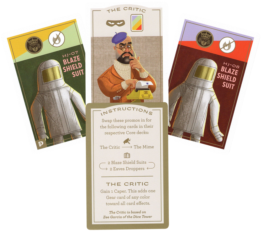 A set of four cards for use with the board game Caper: Europe, on a white background. The top three cards have symbols at the top, and a large illustration of people on the people. Two of the card have people in heavy fire suits with mirrored helmets, and one card has a white man with a goatee and beret using an manual adding machine. The fourth card contains the instruction text on how to use the other three cards in the game.