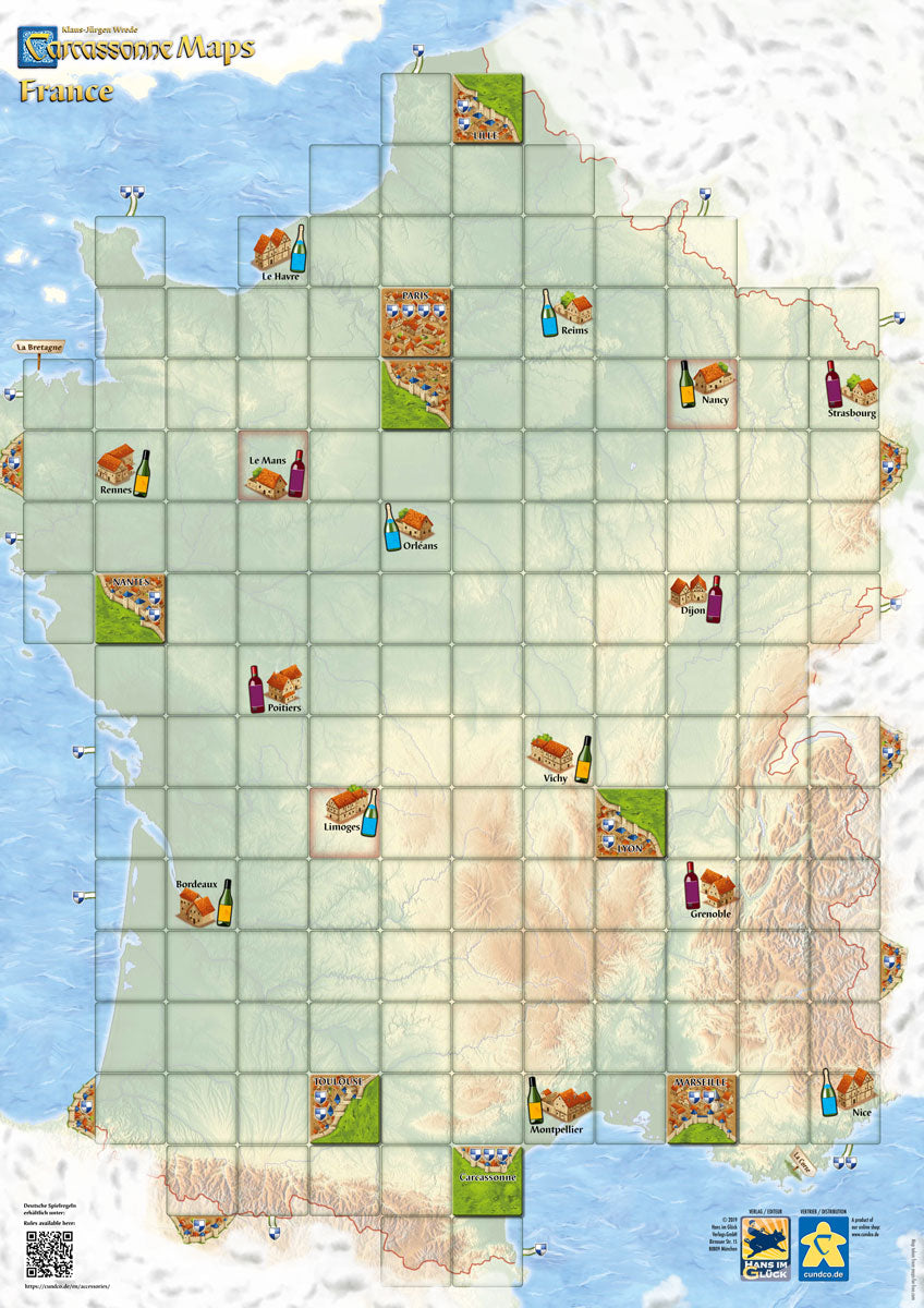 An image displaying the Carcassonne map of France: an geographically accurate map of France overlaid with a grid sized for Carcassonne tiles.