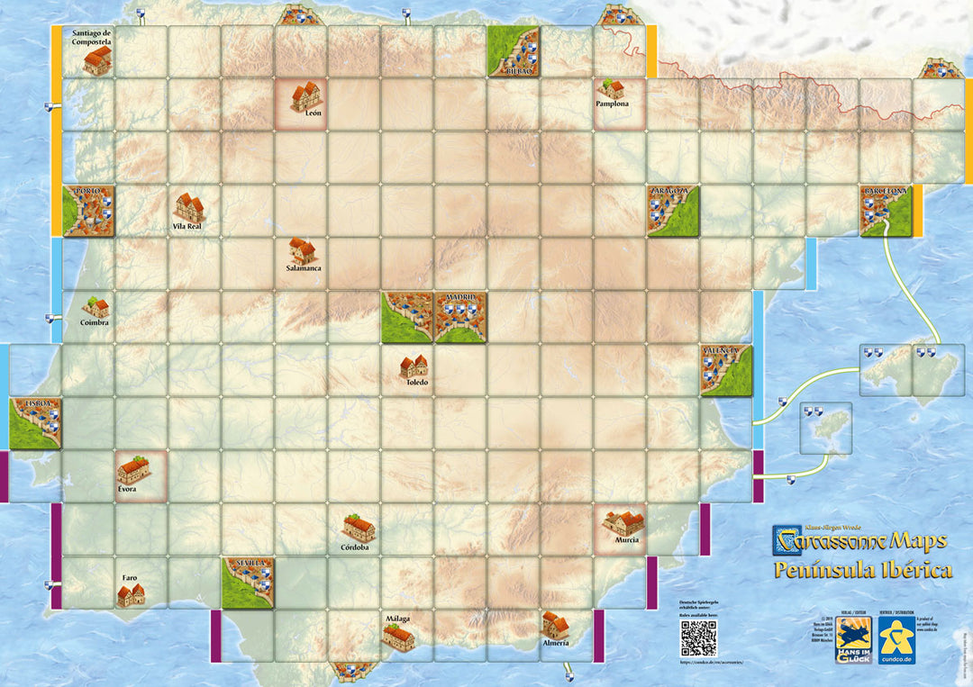 An image displaying the Carcassonne map of the Iberian Pennisula: an geographically accurate map of Spain and Portugal overlaid with a grid sized for Carcassonne tiles.