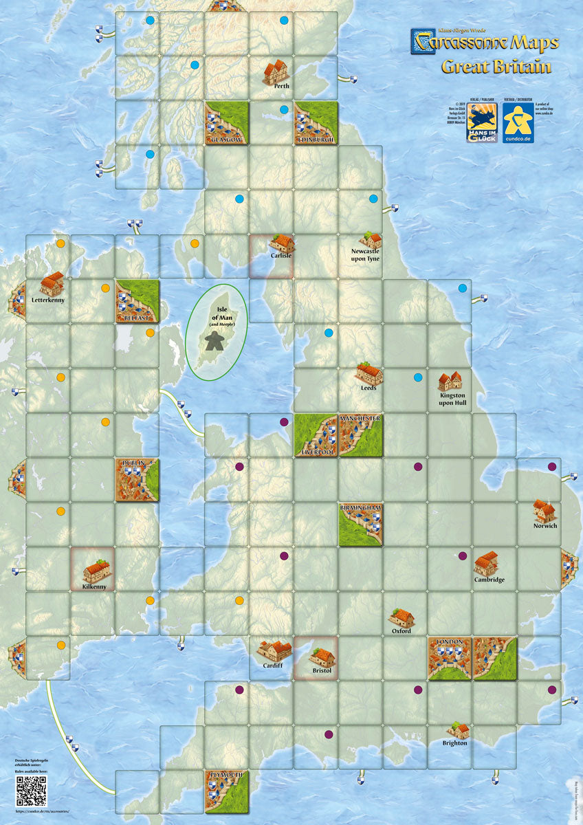 An image displaying the Carcassonne map of the United Kingdom: an geographically accurate map of England, Scotland, Wales, and part of Ireland overlaid with a grid sized for Carcassonne tiles.