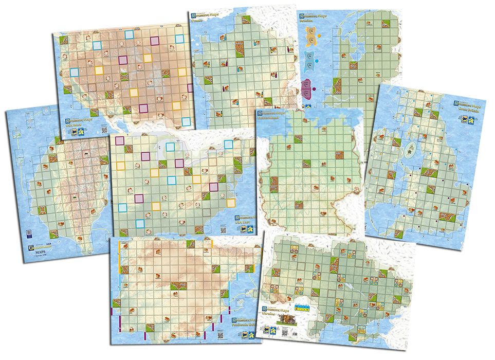 A composite image of nine Carcassonne maps: geographically accurate maps overlaid with a grid sized to Carcassonne tiles.