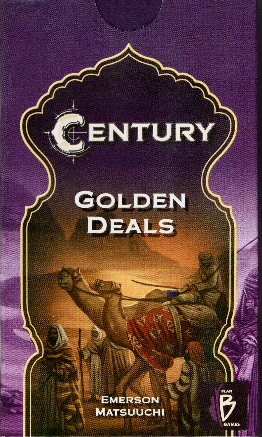The front cover of the promo box Golden Deals, for use with the board game Century: Spice Road. The box features the game name, promo name, designer's name, against a purple background with an illustration of camels in a desert in the middle.