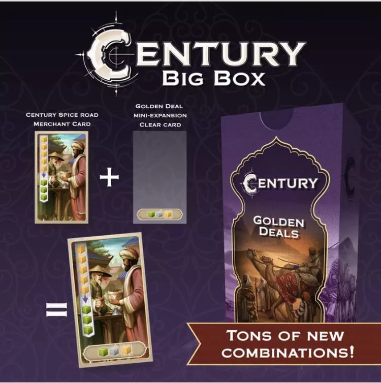 A composite image showing the box front of the promo Golden Deals, for use with the board game Century: Spice Road, and an example of a card from the game combining with a card from the promo box.