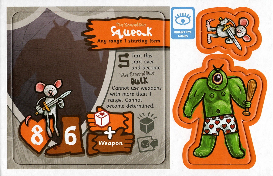 A overhead view of a cardboard punchboard for use with the board game Dungeon Fighter. On the left side is a square cardboard piece with an illustration of a mouse holding a sword, with text and symbols around the edge that describe the card's ability in the game. On the right side is the cutout for two figured on an orange background: the same mouse holding a sword and a green cyclops wearing heart-print boxers and holding a wooden club.