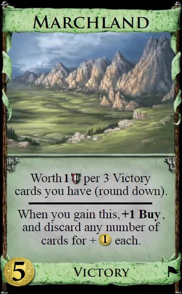 A photo of the Marchland promo card for use with the card game Dominion. This card is primarily green with the card's title at the top, an illustration of landscape with mountains in the middle, and text that describes the card's ability in the game at the bottom.
