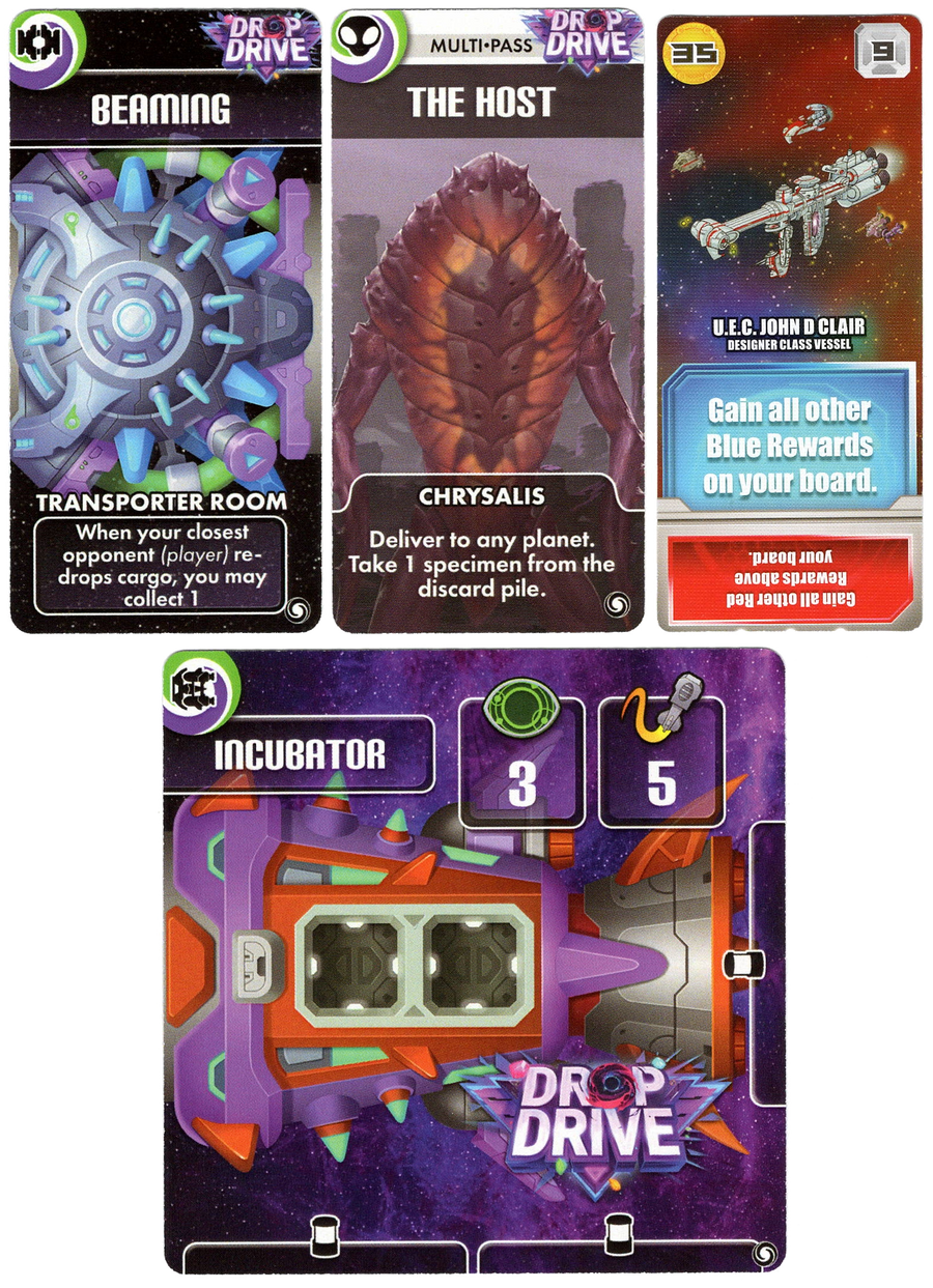 A set of four cards for the board game Drop Drive, against a white background. Three of the cards are shaped as long rectangles, with a single large picture in the middle and text at the top and bottom that describes the cards' abilities in the game. The fourth card is a square, has the title "Incubator" printed at the top, and some symbols around the edges.
