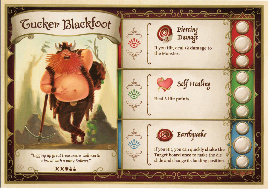 A large card for use with the board game Dungeon Fighters. The card has an illustration of a white man with a large belly, red beard and a horned helmet, wearing only pants, boots, and a vest. On the right side is three rectangles labeled "Piercing Damage", "Self Healing", and "Earthquake", with text that describes those three powers printed below.