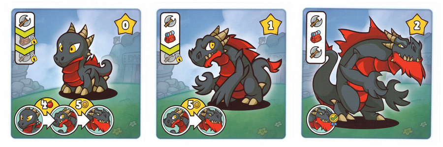A set of three cards pictured side by side on a white background, for use with the board game Dwar7es: Spring. The left card has an illustration of a baby dragon, the center card shows a medium-sized dragon, and the right card shows a large, adult dragon. Each card has symbols on the top and bottom left sides, and a number inside a star in the top right.