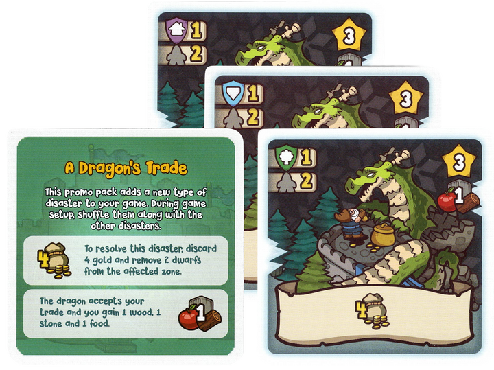 A set of four cards for use with the board game Dwar7s Winter. Three of the cards depict a cartoon illustration of a dragon, and symbols on the sides and bottom that show the card's ability in the game. The fourth and final card is the instructions on how to use these promo cards in the base game.