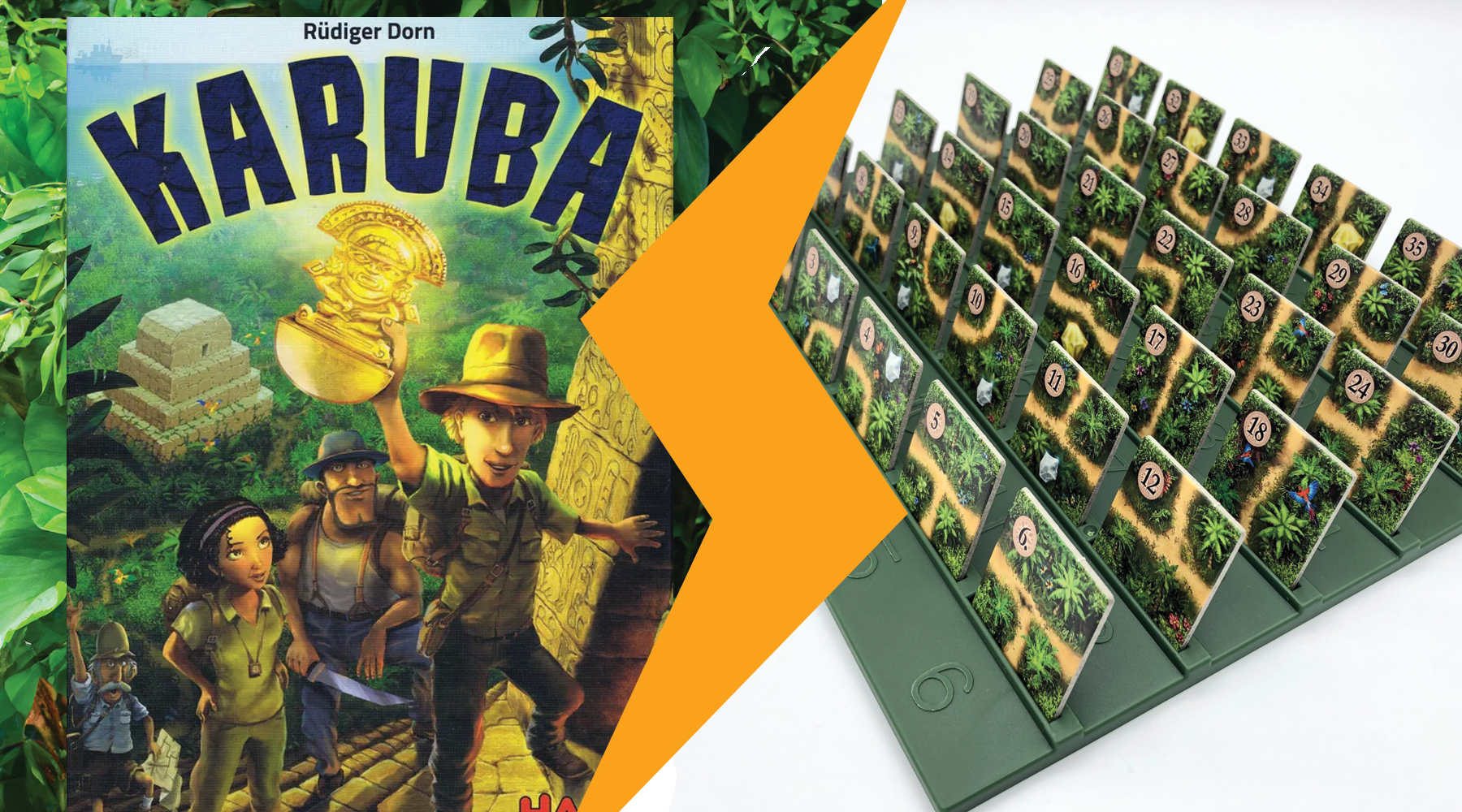 Two images side by side, separated by a lightning bolt. On the left side, the cover image for the board game Karuba. On the right side, a green plastic tray holding tiles from the game on a white background.