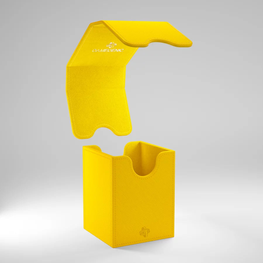 A photo of a yellow, fabric box on a white background, with the lid floating in midair above the box.