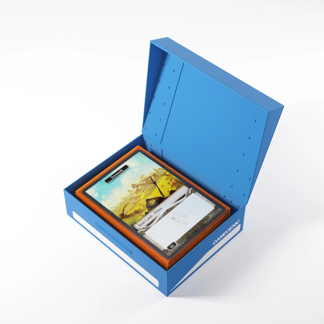 A photo of a blue, plastic box with the lid open on a white background. The lid is open and the box is filled with cards.