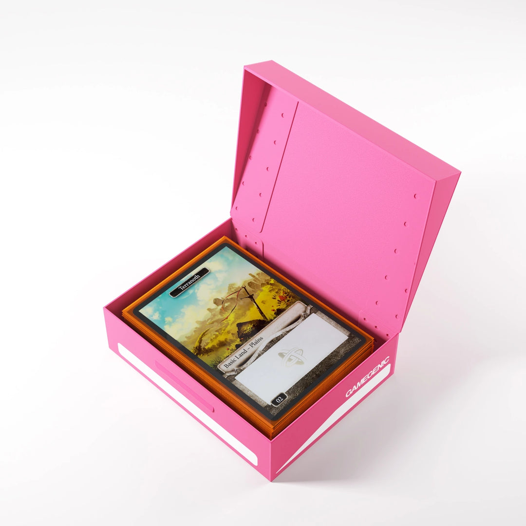 A photo of a pink, plastic box with the lid open on a white background. The lid is open and the box is filled with cards.