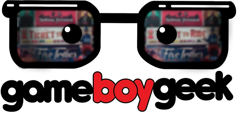 The logo and wordmark for the company Game Boy Geek, featuring a pair of glasses reflecting game boxes in the lens and the words Game Boy Geek underneath.