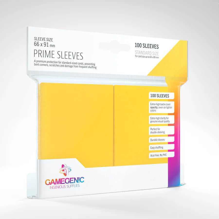 A set of yellow, plastic card sleeves in their original retail packaging on a white background.