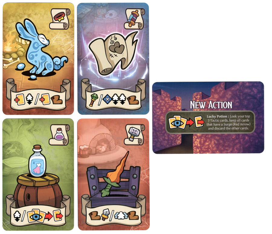 A set of five cards for the board game Keep The Heroes Out!, on a white background. Four of the card display an illustration of a item: a glowing rabbit, a banner-like map, a glass jar with a meaty bone inside, and a sword that looks like a carrot. The fifth card has a combination of text and symbols and the title "New Action" at the top.