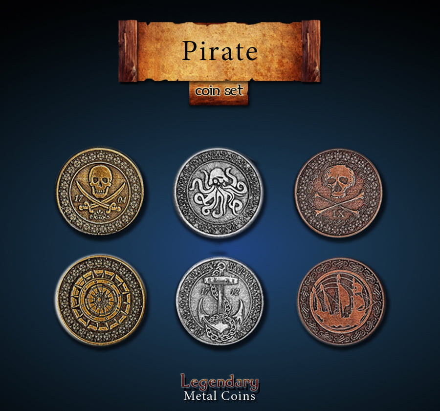 A photo showing the fronts and back of three different coins, each displaying an engraved illustration involving pirates, such as a ship, anchor, skull and crossbones, and a ship's wheel.