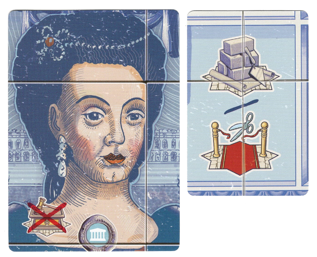 A photo of two cards for use with the board game Lisboa. On the left the card the card displays an illustration of Mariana Vitoria. On the right, the top half of the card has an illustration of bricks and mortar and on the bottom a pair of scissors cutting an entryway ribbon.