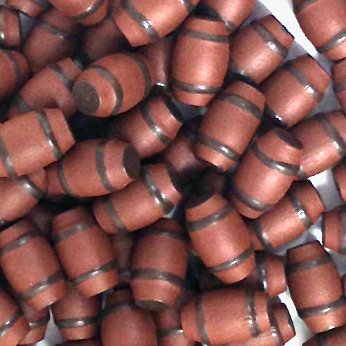 A photo of a pile of wooden barrels tokens on a white background.