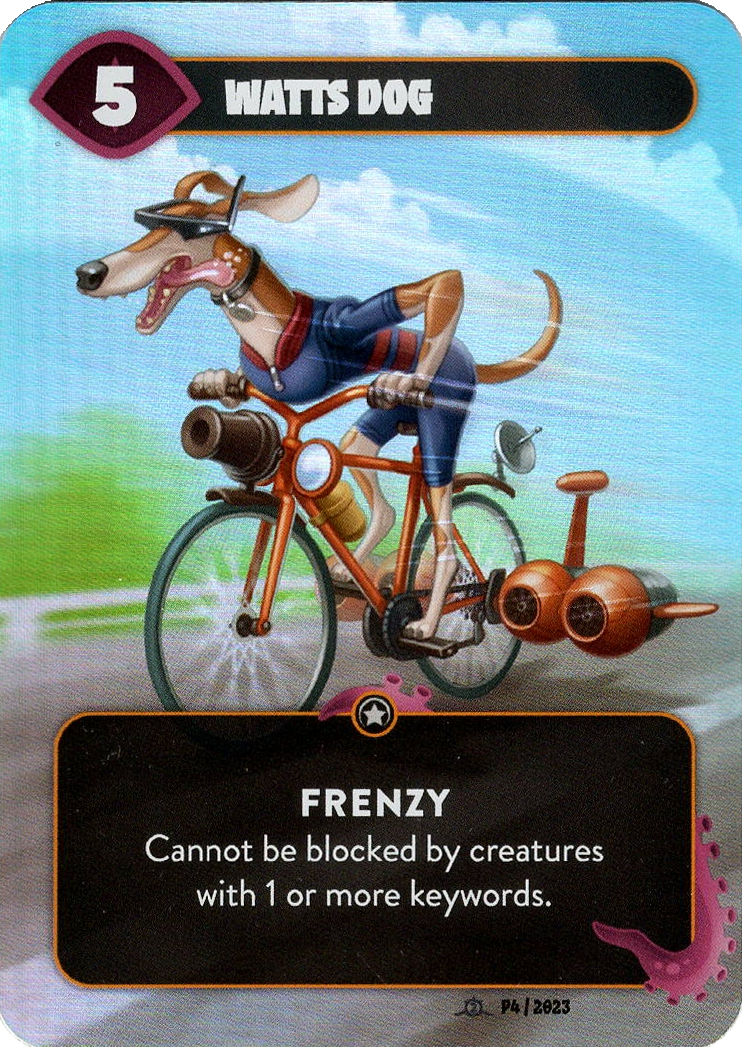 A single card for use with the board game Mindbug: First Contact. The card displays a dog wearing a bicycle helmet and cycling clothes on a bicycles with rockets, with a text box at the bottom.