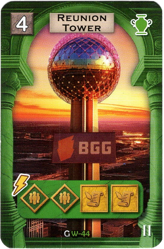 A photo of a promo card for use with the board game Path of Civilization. The card has an illustration of the Regency Tower in Dallas Texas at the top, the BoardGameGeek logo in the center, and symbols that describe the card's abilities in the game at the bottom.