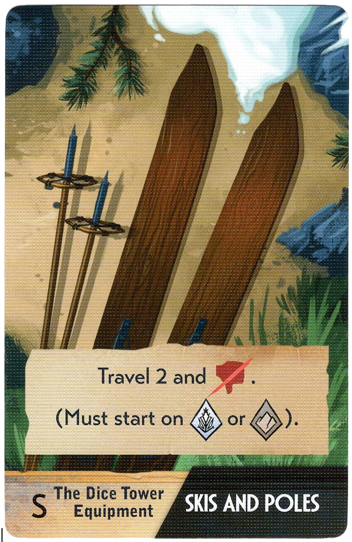 A single card for use with the board game Sleeping Gods, displaying an illustration of a pair of skies and skiing poles, a floating rectangle with text and symbols, and the title of the card at the bottom.