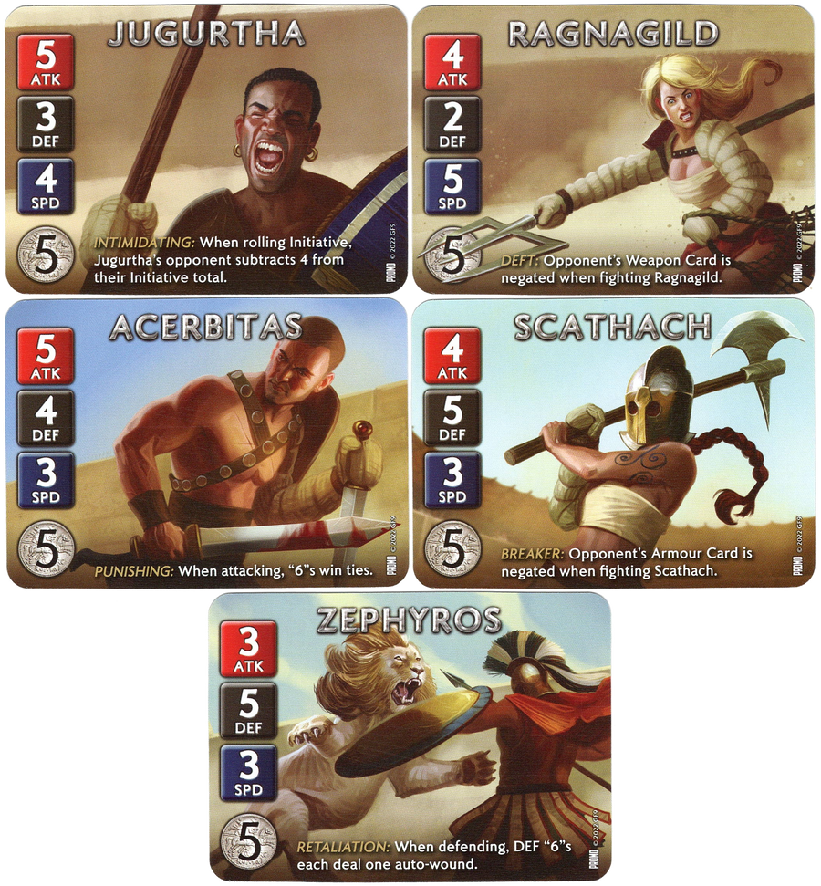 A set of five cards for use with the board game Spartacus: A Game of Blood and Treachery. Each card displays a illustration in the card, numbers and abbreviations on the left side, and text along the top and bottom.