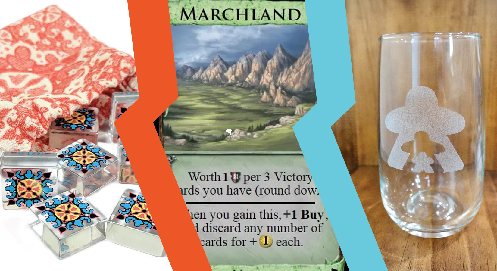 A set of three image, separated by angular stripes. In the left image, a tumble of transparent square tiles fall out of a cloth bag. In the center, a card title Marchlands, with a landscape painting in the middle, and text describing the card's power at the bottom. On the right, a photo of a drinking glass with a frosted design of three person-shaped outlines, against a wooden background. 