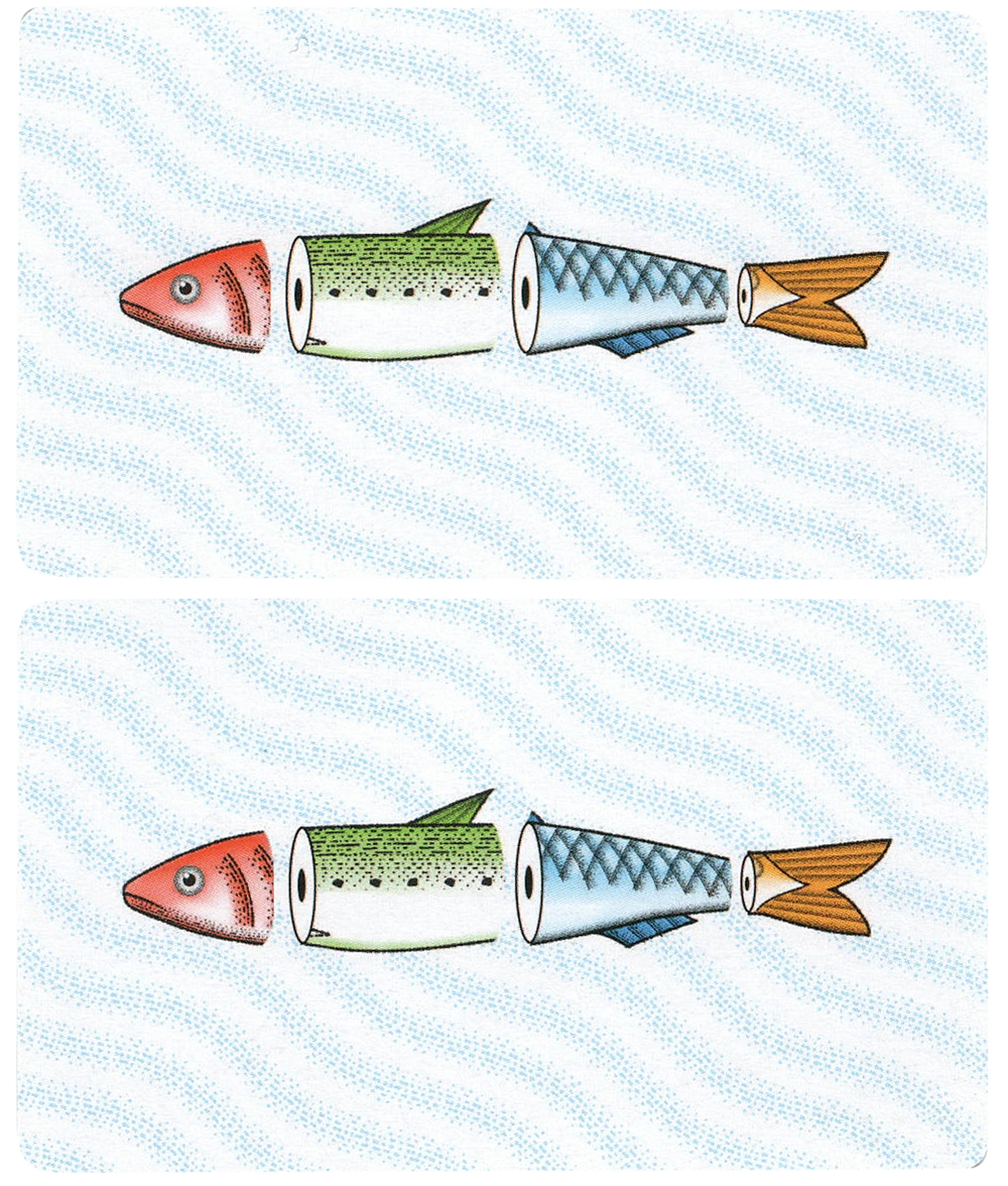 A set of identical cards for use with the board game Sunny Day Sardines. Both cards have a wavy blue background, and feature an illustration of a fish cut up into four section, with each section a different color and style.