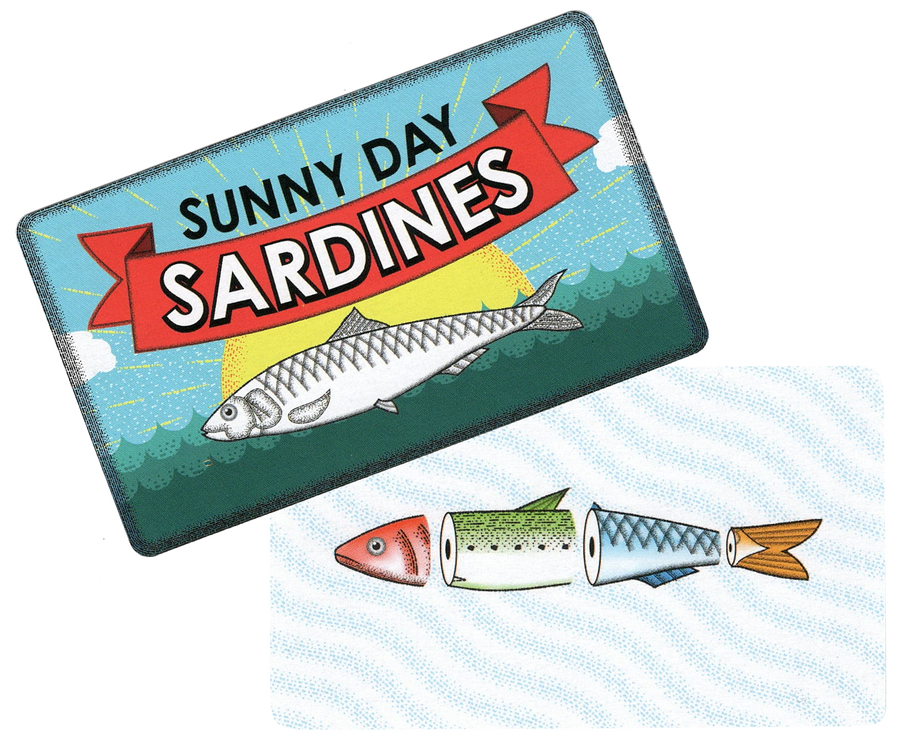 The front and back of a pair of cards for use with the board game Sunny Day Sardines, pictured on a white background. The card back has the game's title, with a picture of a sardine against a sunny sky. The card front shows a cartoon sketch of a sardine cut up into four sections, with each section a different color and style.