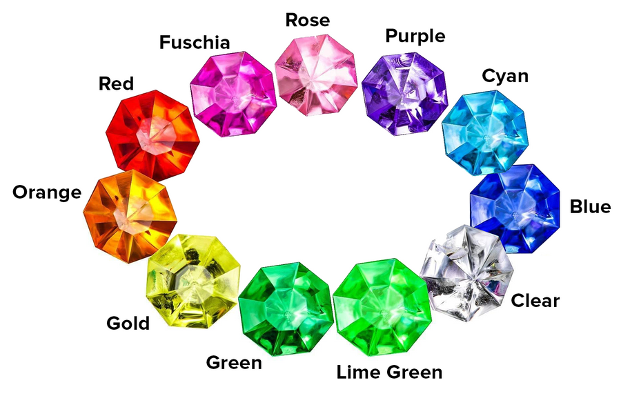A photo of 11 transparent plastic gems in a variety of color, with a text label of each color printed next to each in black type.