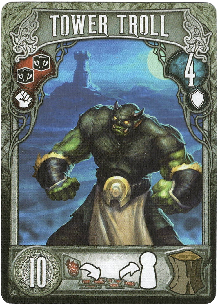 A single card for use with the board game Champions of Midgard. The card's title, Tower Troll, is at the top, with an illustration of a green, muscular green in the center of the card. At the bottom is symbols that depict the card's ability in the game.