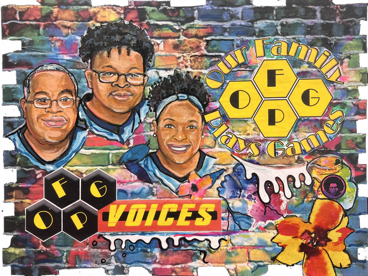 A closeup of the t-shirt artwork for Our Family Plays Games. This artwork features three black faces, two man and one woman, against a colorful brick background, and has the words" Our Family Plays Games" and "OFPG Voices".