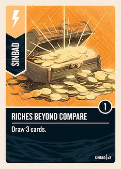 A single card for use with the board game Unmatched. The card has an illustration of a chest with gold coins at the top and the card's title and description at the bottom.
