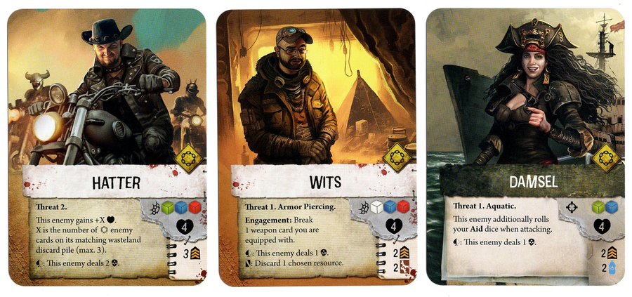 A set of three cards pictured side-by-side on a white background, for use with the board game Waste Knights. Each card has an illustration of a people on the top half, the card's title in the center, and text describing the card's ability in the game at the bottom.