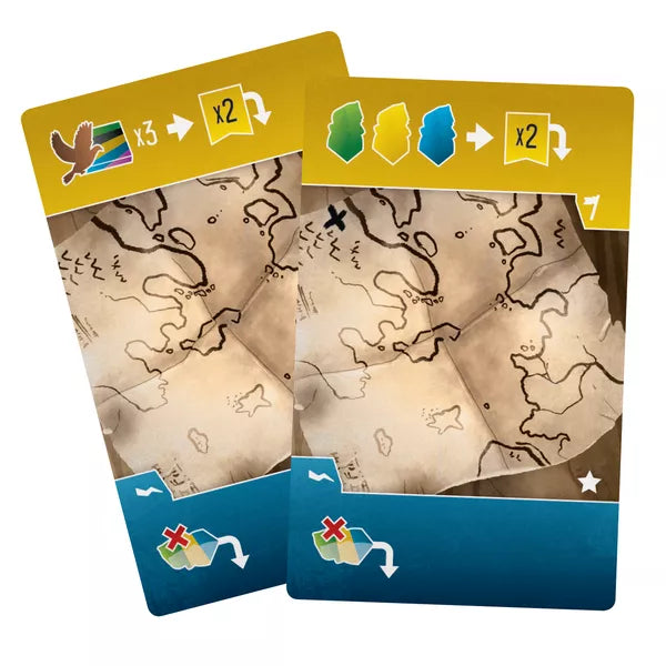 A set of cards for use with the board game Wayfarers of the South Tigris. Both cards display a paper map in the center with symbols at the top and bottom of the cards.
