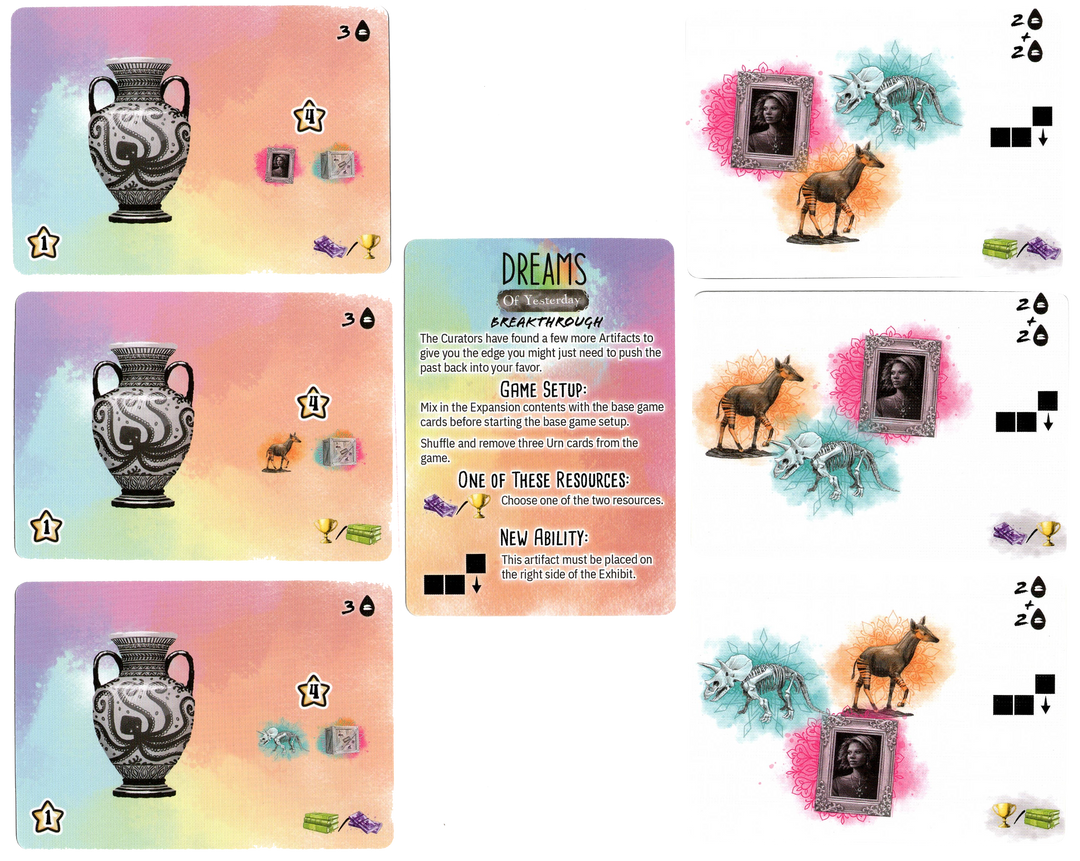 A composite photo displaying an array of cards from the board game Dreams of Tomorrow. The cards on the left display a vase with symbols on a rainbow background. The center card shows instructions on how to use these cards in the game. On the right, the cards display three pieces of art within colorful clouds.