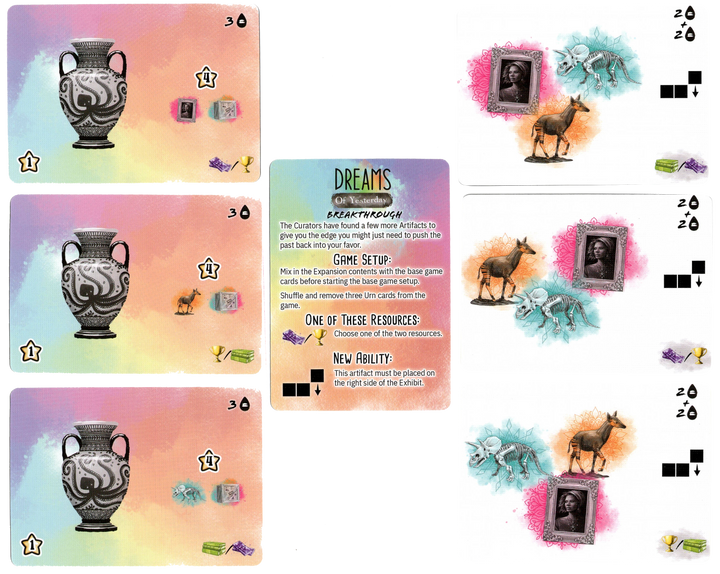 A composite photo displaying an array of cards from the board game Dreams of Tomorrow. The cards on the left display a vase with symbols on a rainbow background. The center card shows instructions on how to use these cards in the game. On the right, the cards display three pieces of art within colorful clouds.