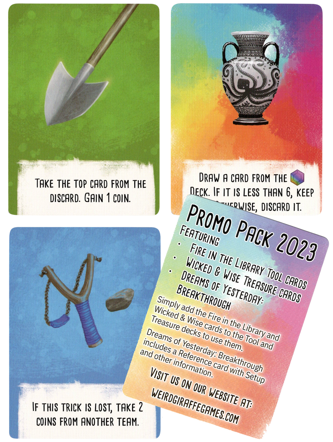 A photo displaying an array of cards from the board games Wicked & Wise. Three of the cards display a single item at the top with text on the bottom. The fourth card contains instructions for using these cards in the game.