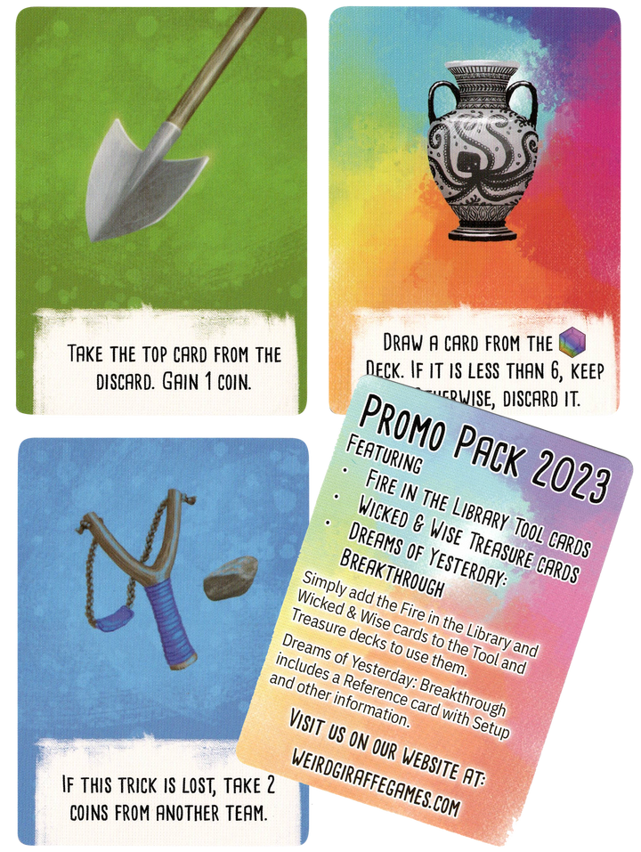 A photo displaying an array of cards from the board games Wicked & Wise. Three of the cards display a single item at the top with text on the bottom. The fourth card contains instructions for using these cards in the game.