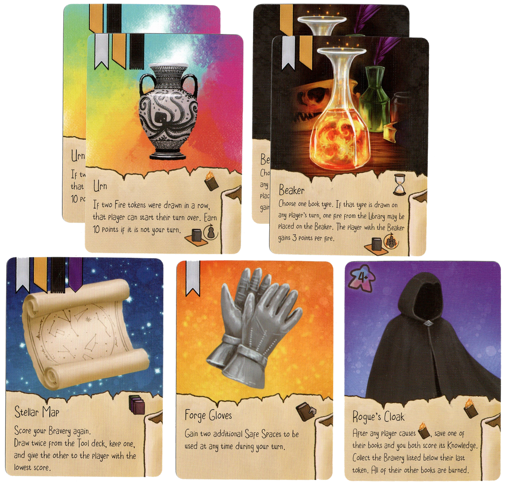 A photo displaying an array of cards from the board game Fire in the Library. All of the cards display a single item at the top with text on the bottom. 