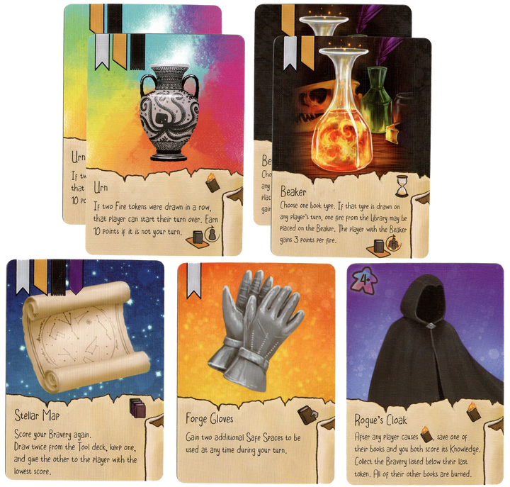 A photo displaying an array of cards from the board game Fire in the Library. All of the cards display a single item at the top with text on the bottom.